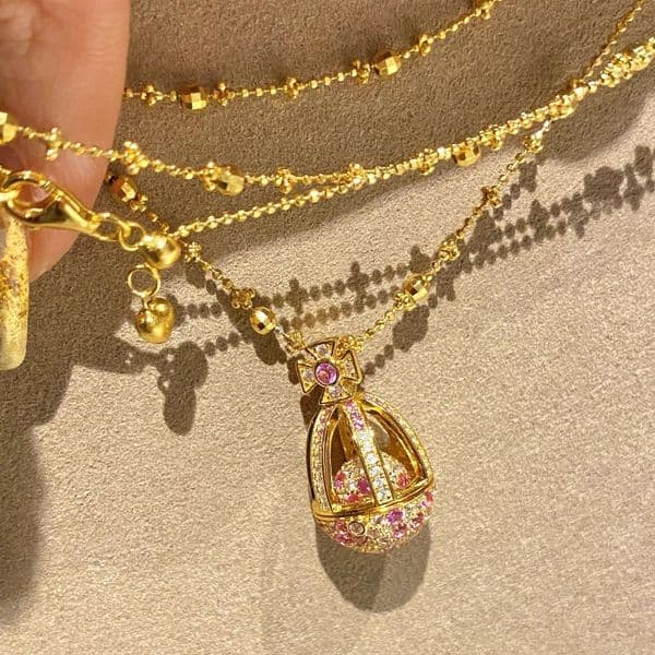 Necklace French Style Light Luxury Retro Peach Pink Small Egg Necklace Flip Cover Full Diamond Exquisite Versatile High-Value Collarbone Chain