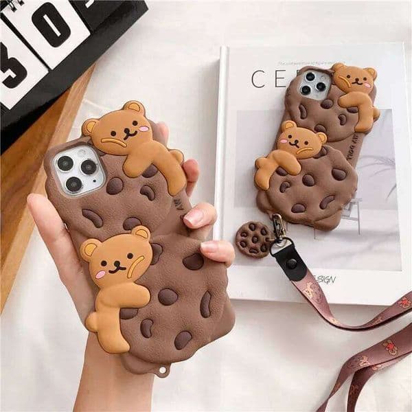 Cute Cartoon Cookie Bear Lanyard Phone Case For iPhone 16 15 14 13 12 11 Pro Max X XR XS 6 7 8 Plus Shockproof Protective Cover S260429