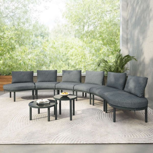 TOPMAX 8-Piece Patio Furniture Set, Half Moon Outdoor Sectional Sofa Coffee Tables, PE Wicker Rattan, Tempered Glass, 6 Pillows & Cushions, for
