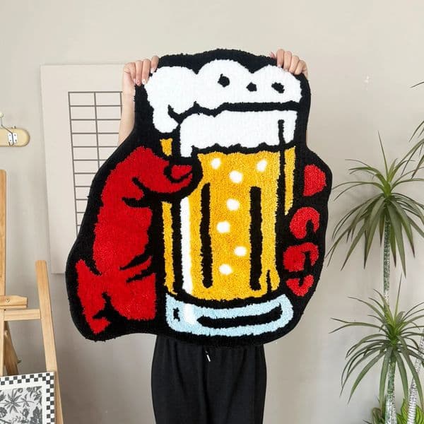 Cheers Beer Mug Tufted Rug - Funky Irregular Shaped Fluffy Carpet for Bar Man Cave Home Decor - Soft Tufted Accent Floor Mat 260429
