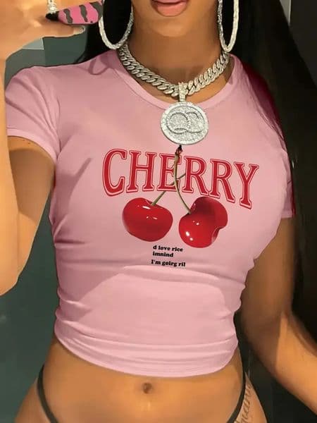 Fashion Cherry Print Crew Neck T-shirt Y2K Short Sleeve Tight Fit Crop Top Spring Summer Womens Clothing 260430