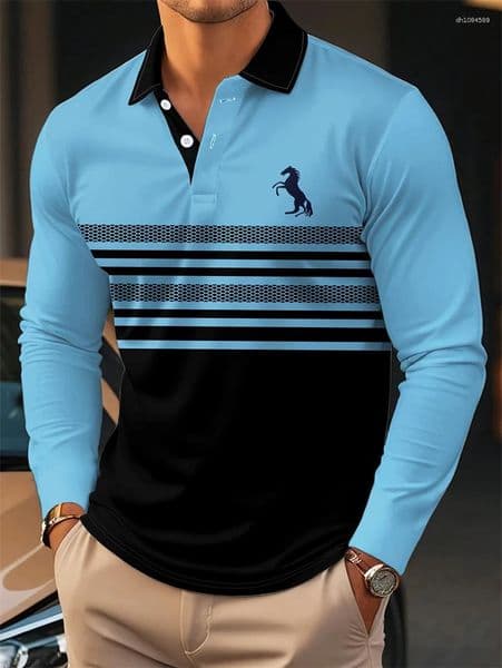 Men's Polos Simple Striped Horse Graphic Polo Shirts For Men Summer Casual Long Sleeve 3D Printed Business Shirt Loose Breathable Tops