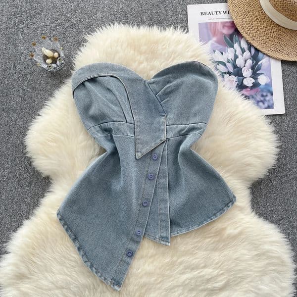 Chic Denim Asymmetrical Tube Top Korean Fashion Tank Top Slim Sexy Strapless Casual sweet Crop Tops Summer Women Clothing 260430