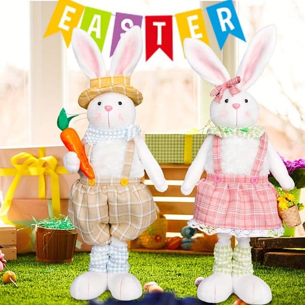 Easter Long-Legged Standing Telescopic Leg Rabbit Home Decor Ornament Rabbit Holding Carrot Flower Basket Doll Rabbit Figure Home Decoration Plush Toy 1pc/2pcs