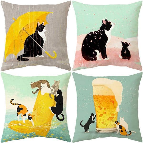 New Colorful Abstract Cartoon Cat Series Home Decorative Plush Linen Pillowcase Cushion Cover L260430