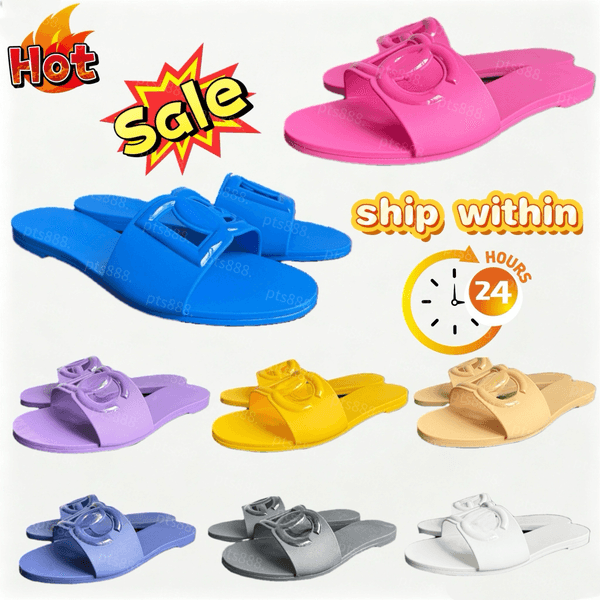 Designer Sandals Women Interlocking Slides Rubber Slippers Ladies Flat Beach Jelly Script Blue Summer Fall Mules Outdoor Waterproof Luxury Size 36-42