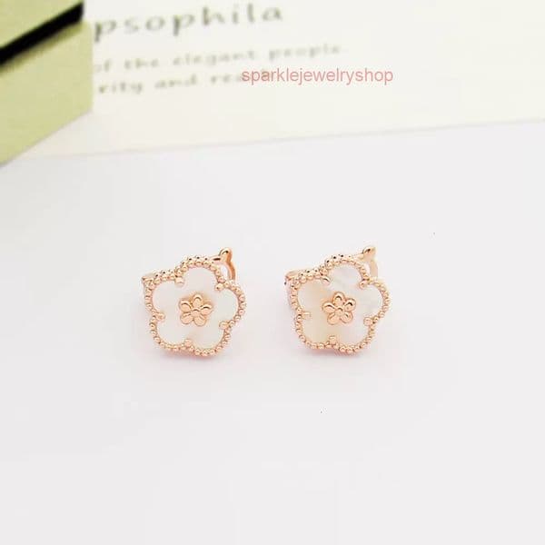 Clover Vanness Cleef Earrings Lucky Plum Blossom Mother-of-Pearl Clip Earrings Five-Leaf Flower Double-Sided Petal Jewelry Vanlies Cleef