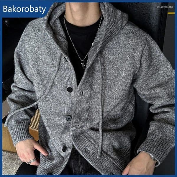 Men's Sweaters Casual Luxury Hooded Knitted Cardigan For Man Korean Fashion Loose Button-up Sweater Y2K Vintage Streetwear Knitwear Coat