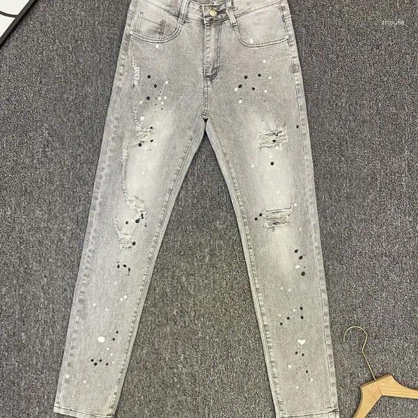 Men's Jeans Light Blue Slim-fit Trendy Brand Ink Printed Boyfriend Thin Ripped Pants 2026 Spring And Summer Trousers
