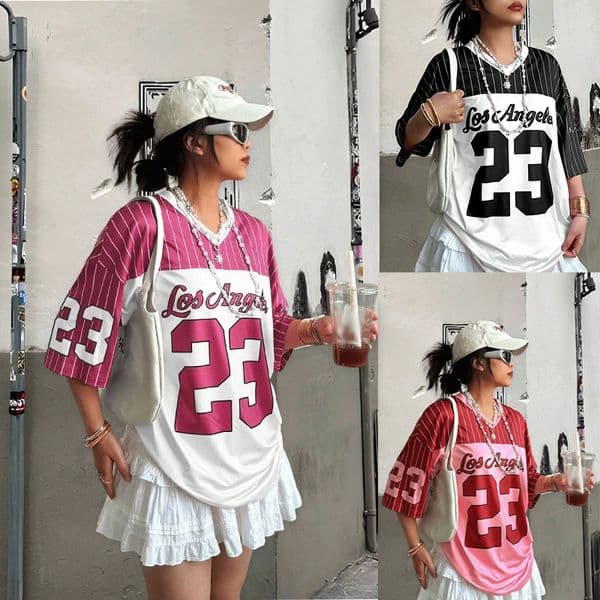 Women Casual Baseball Collar Color Block Short Sleeve T-shirt Letter Print Loose Fit Summer Tee Top