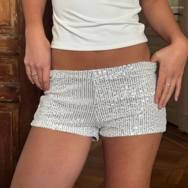 Women's Shorts Women Sparkly Sequin Mini Sexy Sparkle Elastic Low Rise Waist A Line Short Pant Party Concert Clothe Bottoms