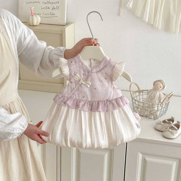 Girls Dress Summer 2026 New Style Baby Girls Flutter Sleeve Stylish Chinese Princess Dress for Hundred Days and First Birthday Party S260429