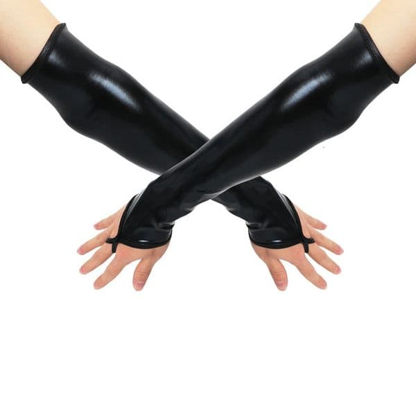 1pair Sexy Long Black Metallic Feel Gloves Synthetic Leather Arm Sleeves Costume 260429