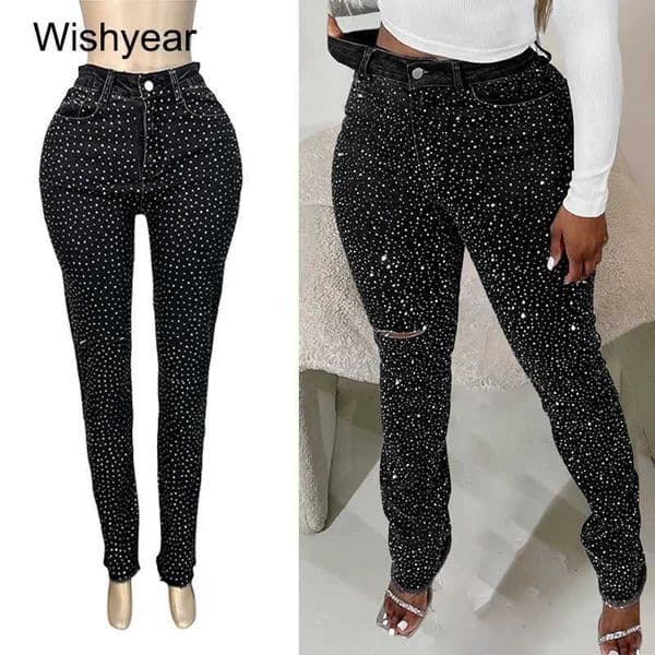 Fashion Skinny Stretch Jeans for Women Luxury Diamonds Hole Pencil Pants High Waist Washed Streetwear Y2k Streetwear Trousers L260430