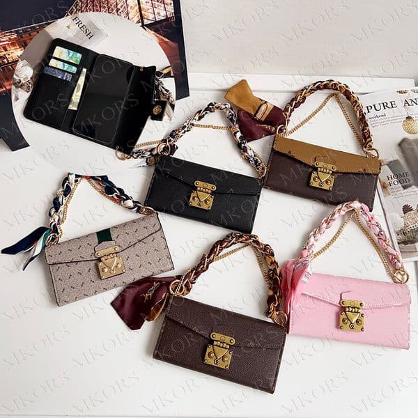 Luxury Handy Phone Case for iPhone 17 Air 16 Pro Max 15 14 Plus 13 12 11 Leather Classic Scarf Chain Wallet Flower Designer Cover Samsung Galaxy S26 Ultra S25 S24 S23 S22