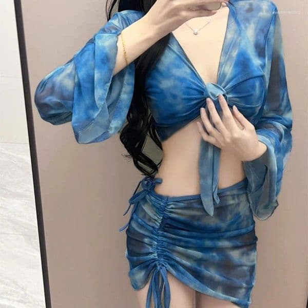 Women's Swimwear Sweet Pink Tie Dye Four Piece Bikini Set With Long Sleeve Cover Up Ruched Skirt Swimsuit For Women Beach Vacation