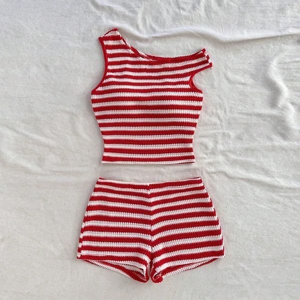 Spring Summer Simple Basics Stripes Sleeveless Round-Neck Cropped Natural Waist Short Casual Sets For Women 260430