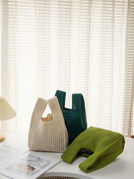 Handmade Knit Handbag Women Mini Knot Wristbag Female Casual Color Wide Stripe Plaid Tote Bag Student Reusable Shopping 260429