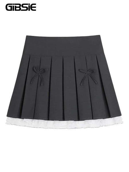 GIBSIE Plus Size Bows contrast lace pleated skirt Womens summer JK mini skirt Korean high waist zipper gray a-line skirt L260430