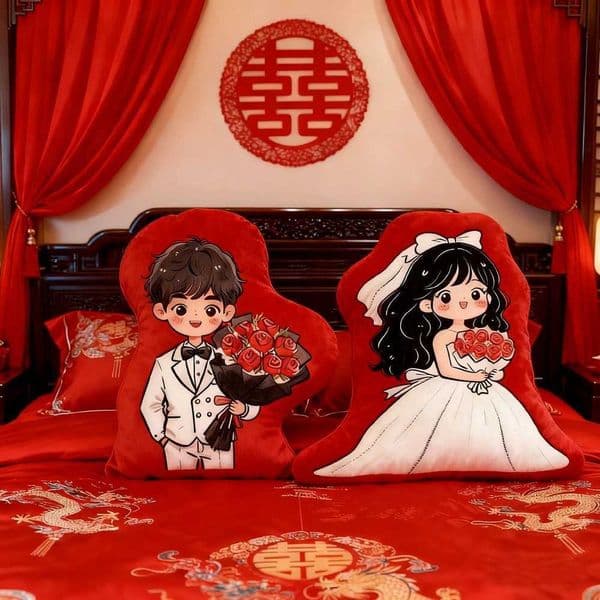 New wedding dowry bed dolls a pair of plush printed throw pillows wedding room living room cushions plush toys and doll pillows L260430