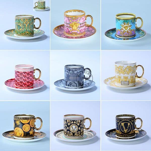 European-style Bone China and Saucer Set - Afternoon Tea Floral Teacup Ceramic Gold Trim Couple Coffee Cup with Spoon