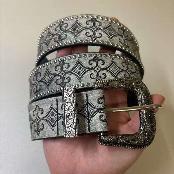 Vintage-patterned Studded Leather Belt with Grey Floral Patterns, High-end Texture, Street Hip-hop Style, Unisex