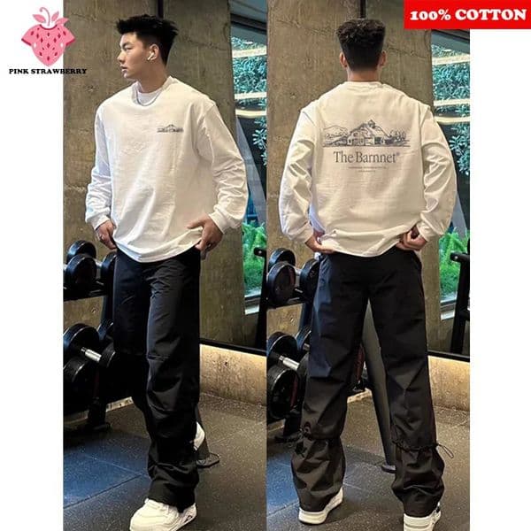 American Sports Gym T-shirt Men Autumn 100Cotton Oversize White Long sleeves T-shirt Loose Casual Y2k Top Men clothing 260118