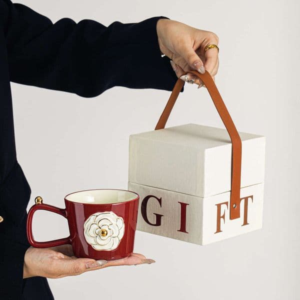 Gold-Embossed Red and Black Camellia Gift Box Ceramic Floating Mug Coffee Wedding Cup Newlywed