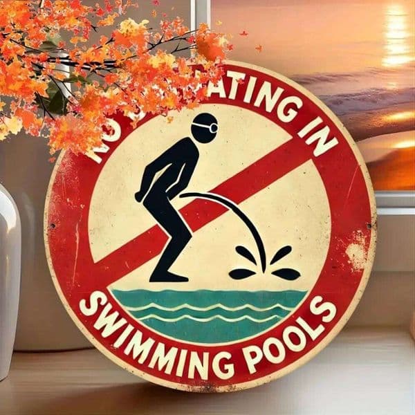 Vintage 'No Urinating in Swimming Pools' Metal Sign Retro Iron Wall Art with Bold Red Borders | Poolside Decoration 26H0202