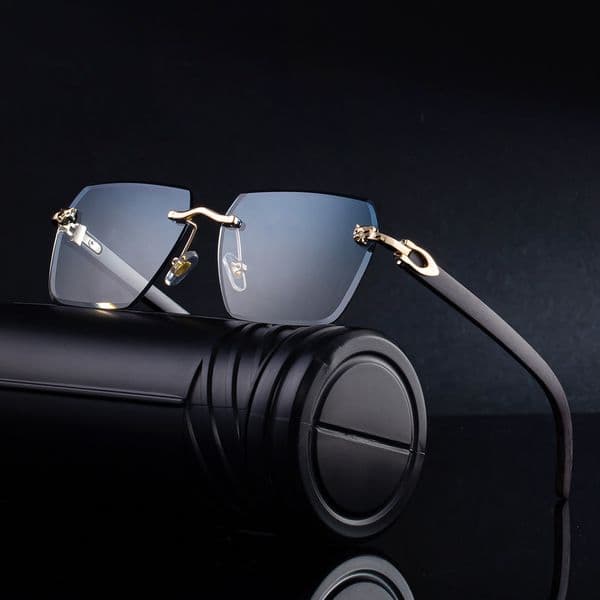 2026 New Men's High-End Color-Changing Glasses Square Frameless Retro Leopard Head Imitation Wood Grain Sunglasses for Men