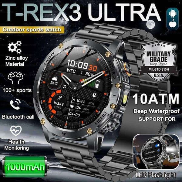 2026 New Military Smart Watch 1000Mah Battery Fitness Tracking 10ATM Waterproof Tactics Sport Flashlight call Bracelet For Men 26W0202