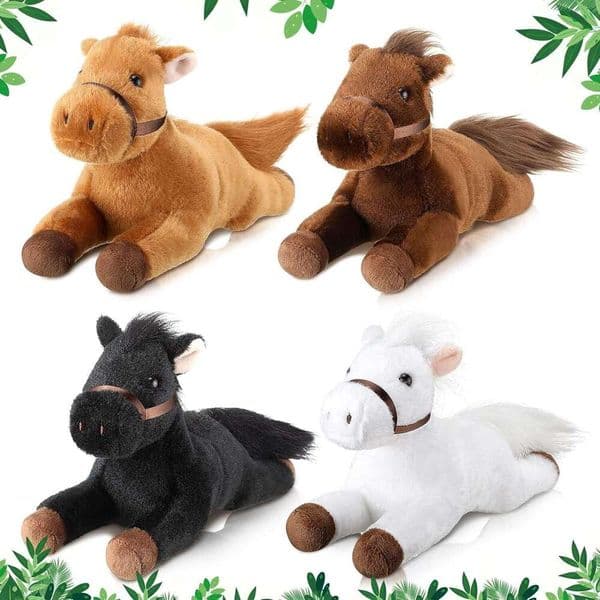 Skylety 4 Pcs Chinese New Year 8 Inch Horse Stuffed Spring Festival Decorations Cute Plush Assorted Toy Brown Animals Gifts Party Favors Supplies Decoration