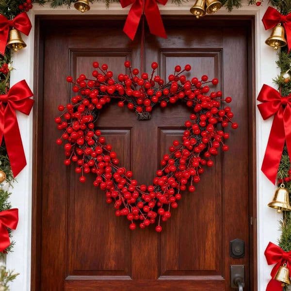 16" Heart Wreath with Red Berries - Valentine's Decor for Door, Wall, Wedding & Party! 26H0202