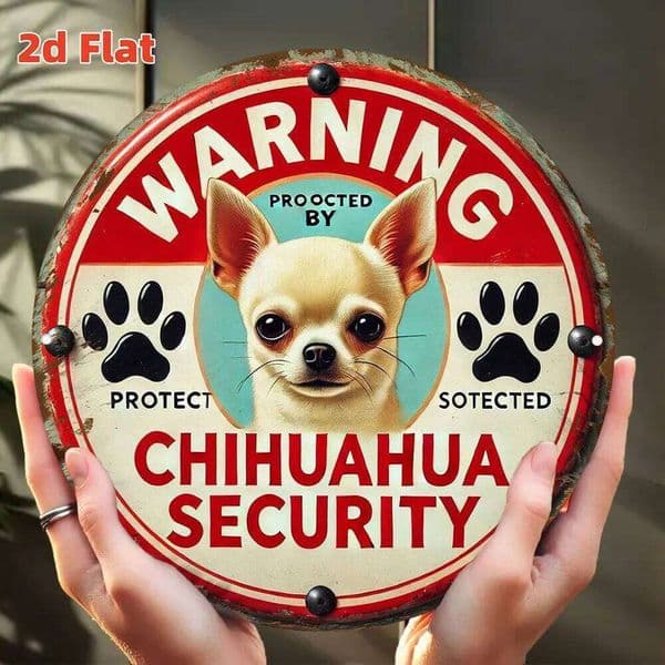 2D Flat, Security Warning Sign Funny Dog Decoration with Chihuahua Logo & Paw Prints - Durable Aluminum Metal Indoor 26H0202