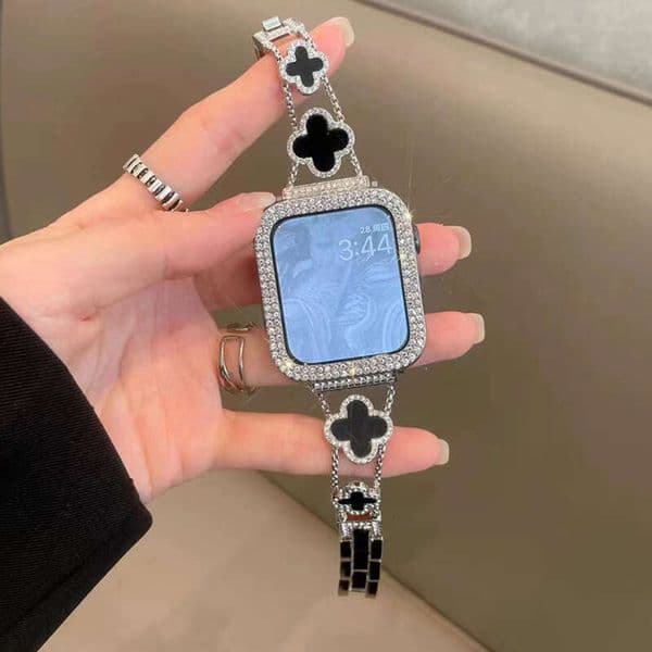 Glittering Clover Metal Watch Band Shiny Crystal-Studded Bracelet Compatible with Apple Watch SE1-11 Generation