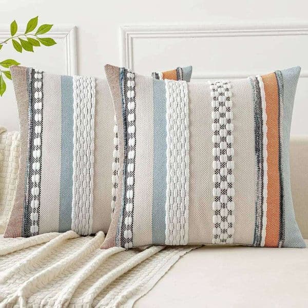 Boho Throw 18x18 Decor Cushion Cases Multicolor Striped Chenille Pillow Cover Accent Pillowcase for Sofa Couch Bed 26Y0202