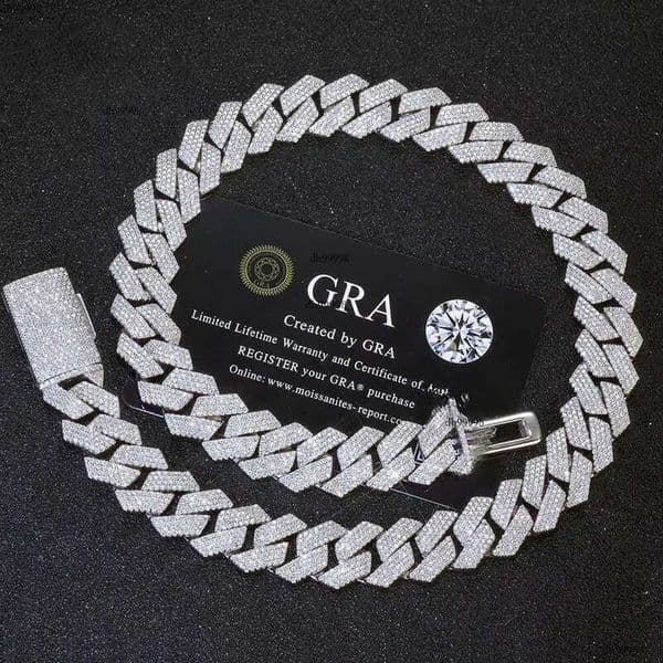 15MM Iced Out Necklace Men Hip Hop Jewelry Shiny VVS Moissanite Dia Sterling Sier Cuban Link Chain