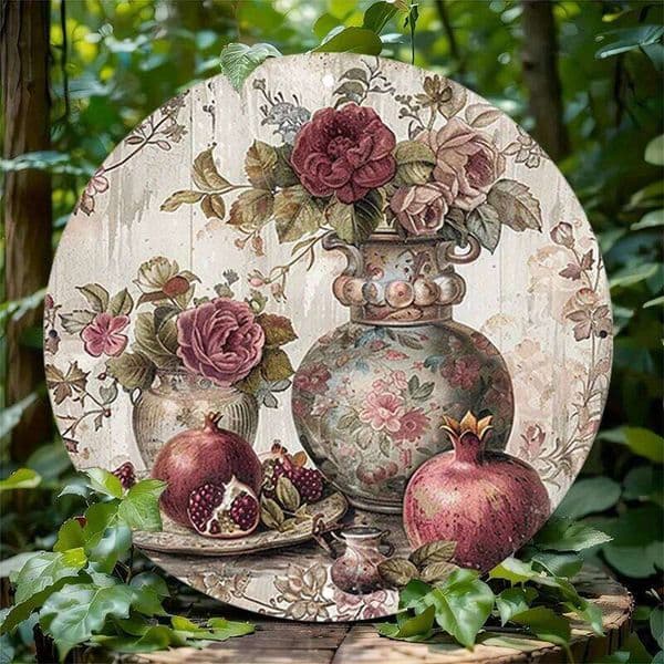 Room Decor 1pc Vintage Rustic Round Aluminum Sign, Floral Fruit Pots Design, Retro Metal Tin Wall Art, Home and Cafe Decor, 26H0202