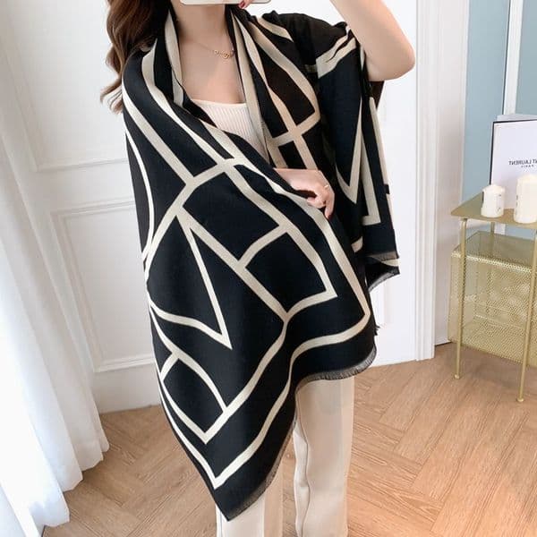 Designer women's winter imitation cashmere light luxury fashion shawl double-sided color blocked thick warm scarf