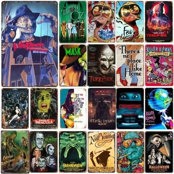 1PC Halloween Metal Sign Horror Movie Theme Shabby Iron Painting Tin Signs Wall Art Man Cave Film Theater Club Home Decoration 26L0202