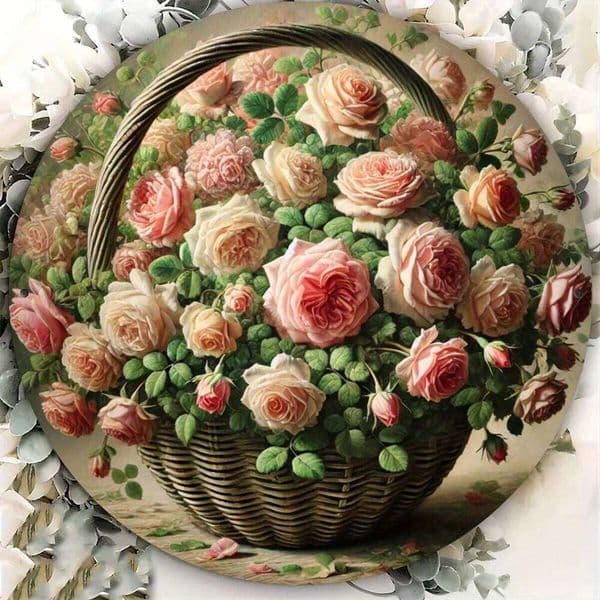 Round Iron Metal Sign, Floral Basket Pink Roses Pattern, 7.8 Inch Wall Art Decor, Aesthetic Indoor/Outdoor Foil Engraved Hanging 26H0202