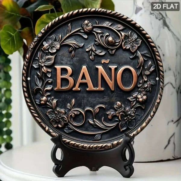 Rustic Spanish Floral Metal Wall Art - Aluminum Toilet Sign Plaque, Home Bathroom Decor 26H0202