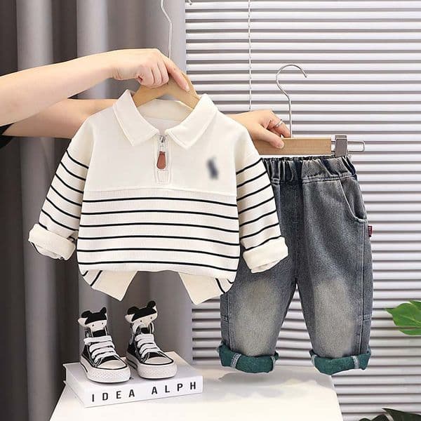 Kids Sportswear 2026 Spring Autumn Baby Boys and Girls 1-5 Years Fashion Turn-down Collar Striped Polo Long Sleeve T-shirts and Jeans Two Piece Set Childrens Clothing
