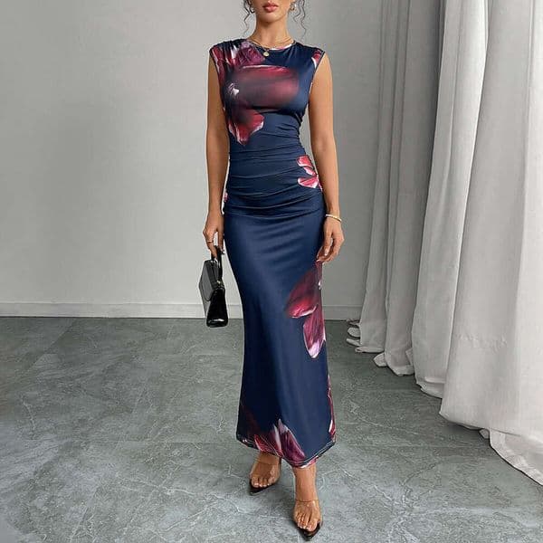 Rui Chuo 2026 Slim Fit Printed Sleeveless One-Step Formal Bodycon Long Dress Women's Clothing