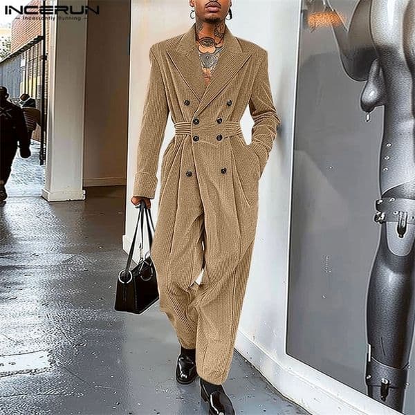 INCERUN Men Jumpsuits Solid Color Corduroy Lapel Long Sleeve Double Breasted Casual Rompers Streetwear 2024 Fashion Overalls y260120