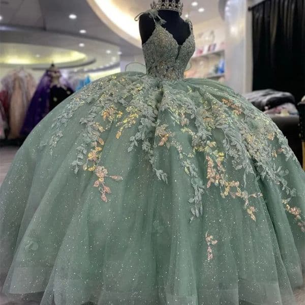 Green Shiny Quinceanera Dresses Ball Gown Off The Shoulder Applique Lace Beading Bow Tull Party Birthday Sweet 16 Dress vestidos 15 Anos