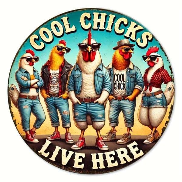 Vintage "Cool Here" Metal Sign - 1pc 2D Flat Round 7.87" Chicken Coop Decor, Anthropomorphic Chickens 26H0202