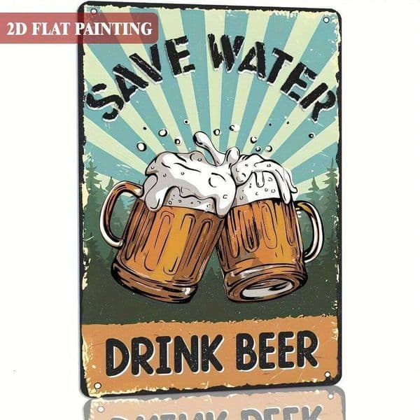 Vintage "Save Water Drink Beer" Metal Tin Sign - Rustic Wall Art for Man Cave, Pub, or Backyard Bar, , Yellow & Green Beer Mug 26H0202