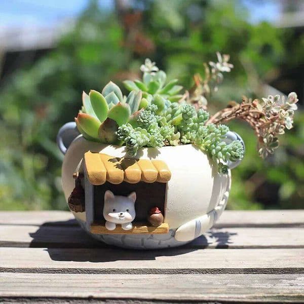 Small Creative Cute Pet Meaty Resin Flower Pot Decorative Ornament Fairy Garden Cat Fox Figurines Tabletop Decor 26W0203