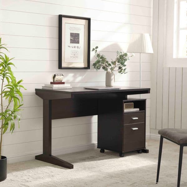 Home Office Desk With Modesty Panel And Detached File Cabinet On Locking Wheels With Two Drawers File Drawer Cubby Shelf Metal Bar Handle